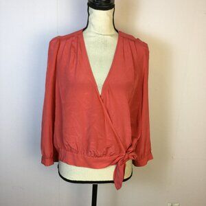 Madewell Wrap Blouse Top Size XL Womans Red 3/4 Sleeve V-Neck Crossover Tie Hem